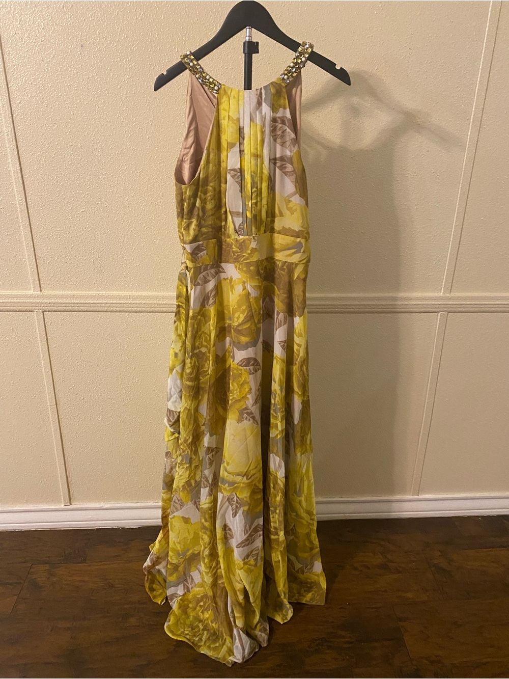 Eliza J Yellow Floral Halter Maxi Dress with Beaded Neckline